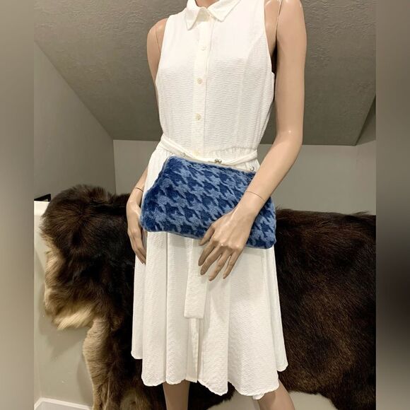 Blue Houndstooth Genuine Shearling Leather Kisslock Handbag, Multi Use Style - Picture 12 of 16